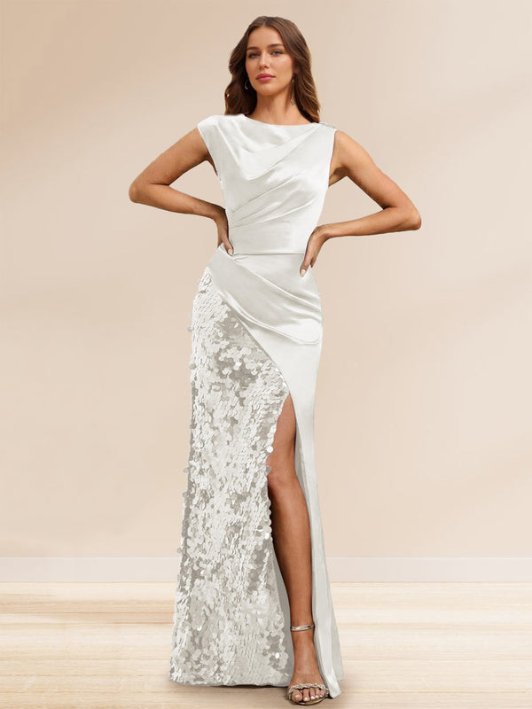 Sheath/Column Boat Neck Floor-Length Evening Dresses with Sequins & Split Side
