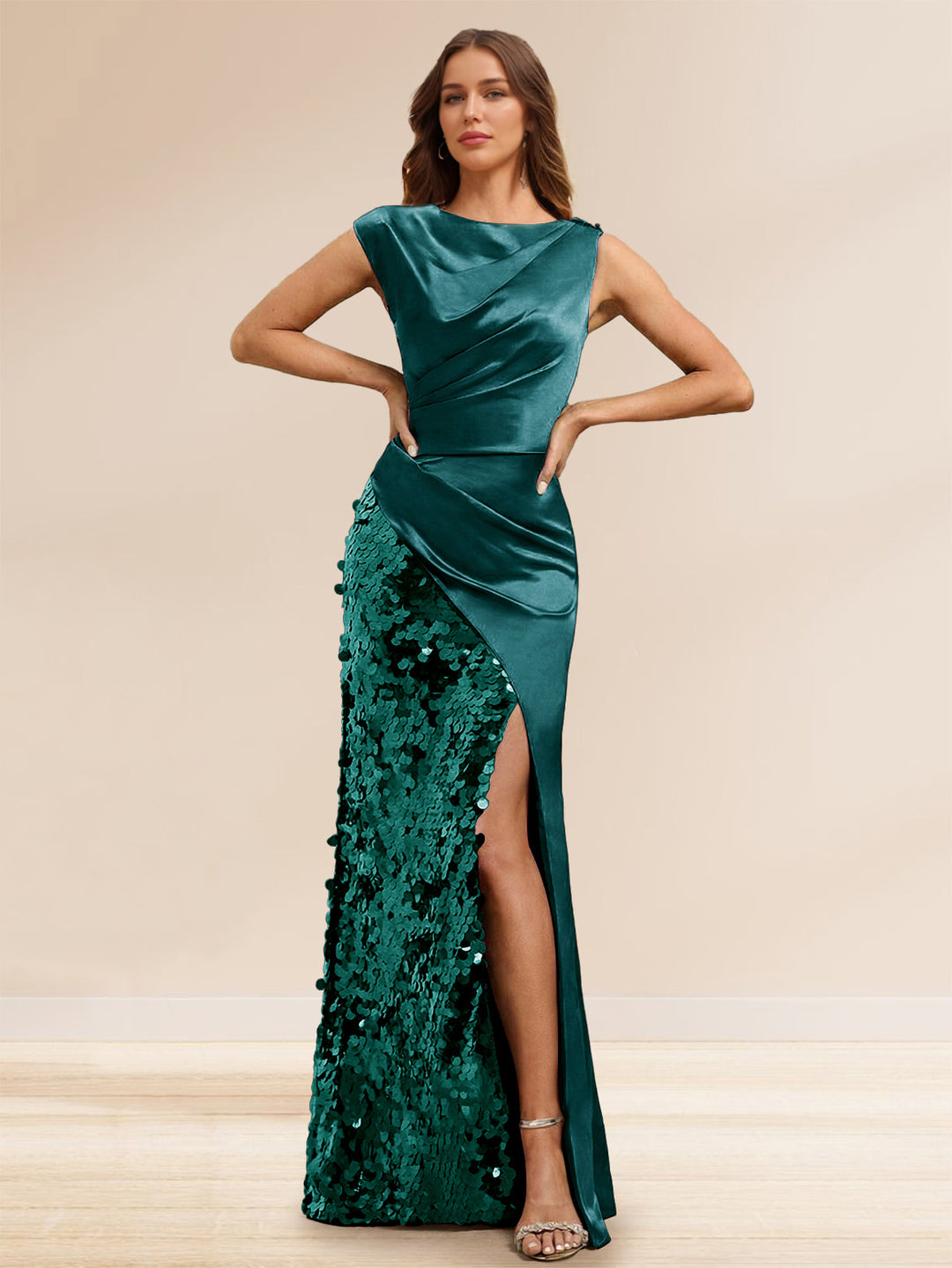 Sheath/Column Boat Neck Floor-Length Evening Dresses with Sequins &amp; Split Side