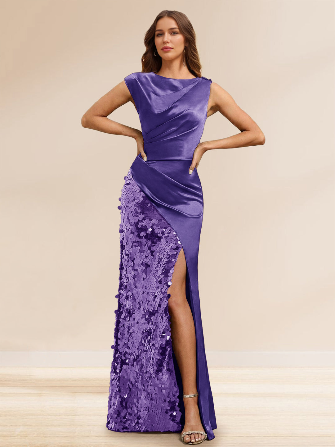 Sheath/Column Boat Neck Floor-Length Evening Dresses with Sequins &amp; Split Side