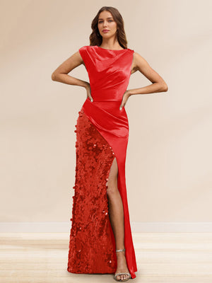 Sheath/Column Boat Neck Floor-Length Evening Dresses with Sequins & Split Side