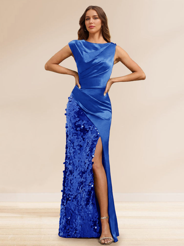 Sheath/Column Boat Neck Floor-Length Evening Dresses with Sequins &amp; Split Side