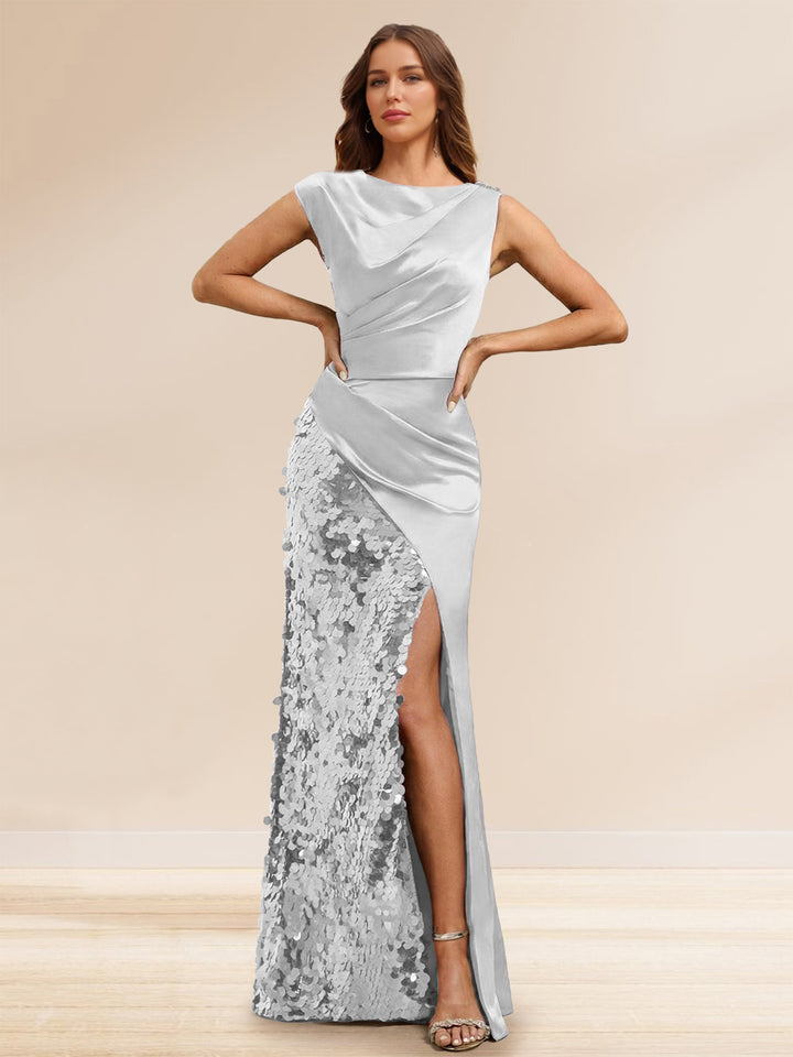 Sheath/Column Boat Neck Floor-Length Evening Dresses with Sequins &amp; Split Side