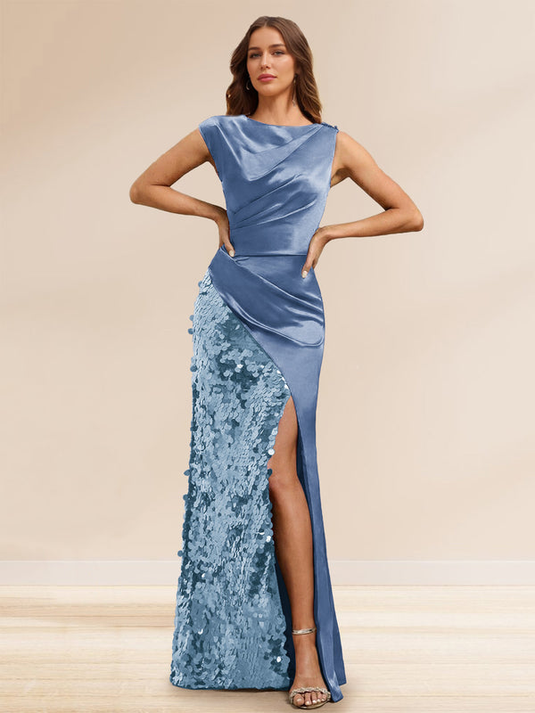 Sheath/Column Boat Neck Floor-Length Evening Dresses with Sequins & Split Side