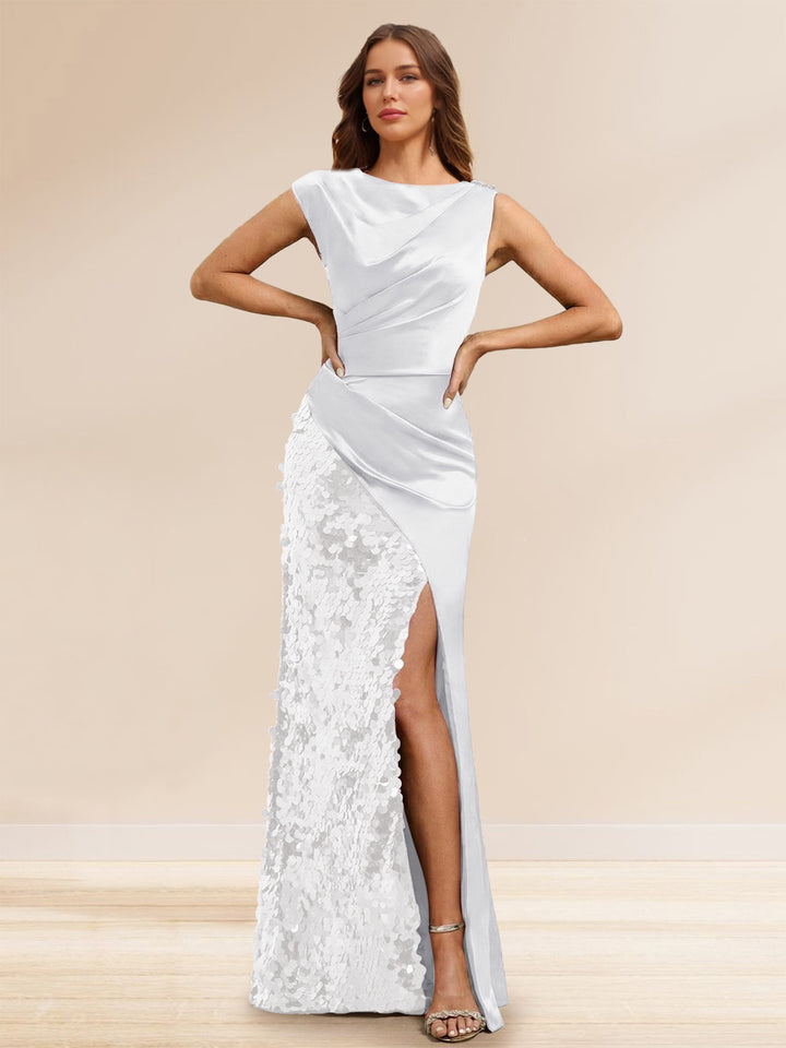 Sheath/Column Boat Neck Floor-Length Evening Dresses with Sequins &amp; Split Side