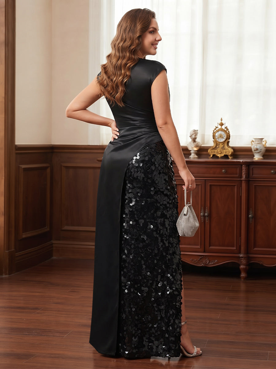 Sheath/Column Boat Neck Floor-Length Plus Size Mother of the Bride Dresses  with Sequins &amp; Split Side