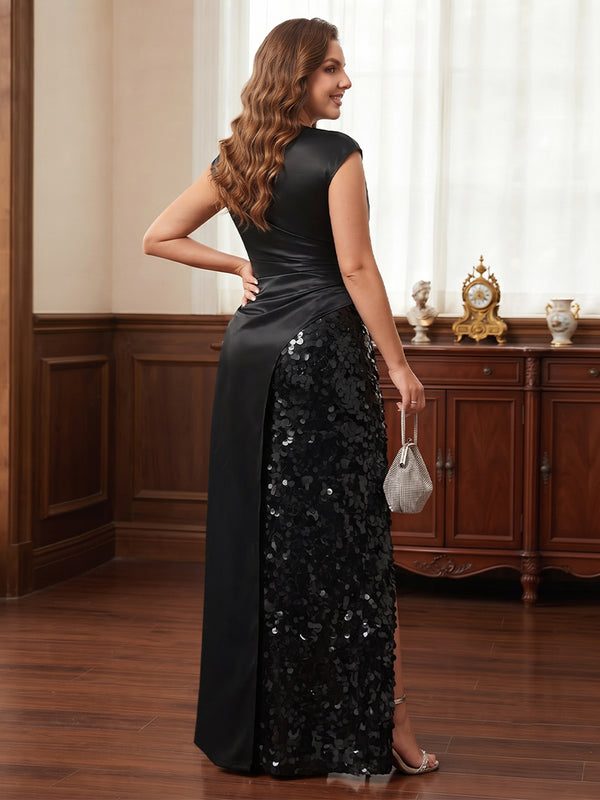 Sheath/Column Boat Neck Floor-Length Plus Size Mother of the Bride Dresses  with Sequins & Split Side