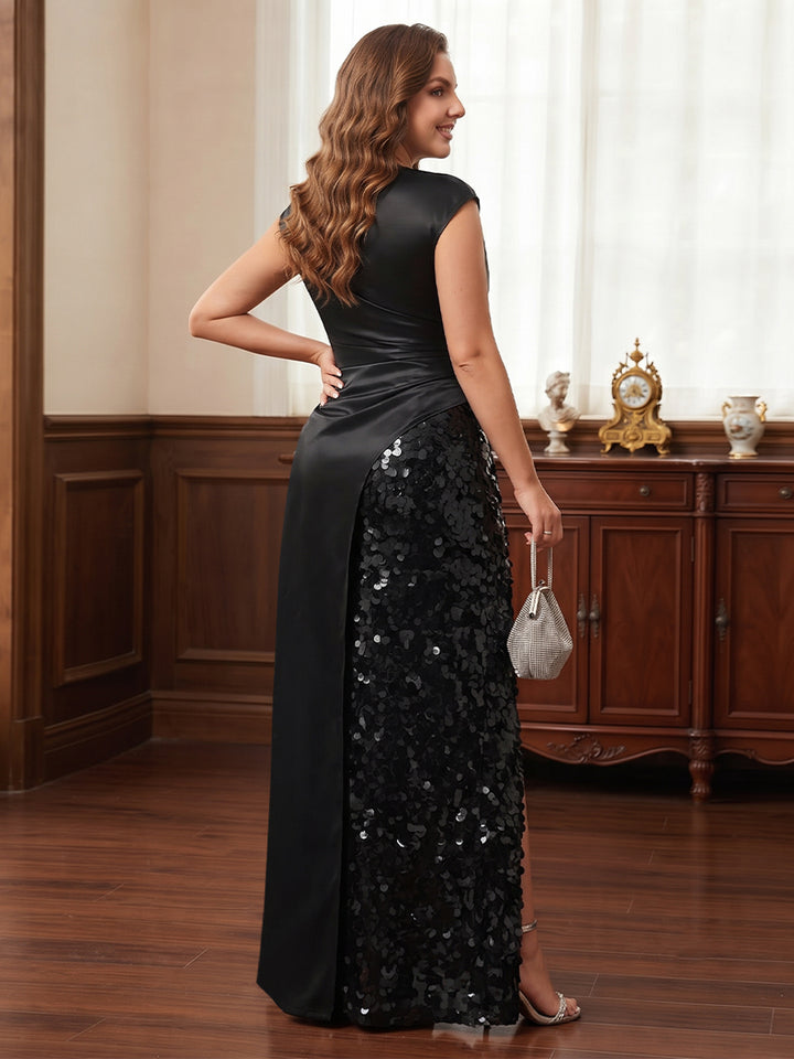 Sheath/Column Boat Neck Floor-Length Plus Size Mother of the Bride Dresses  with Sequins &amp; Split Side