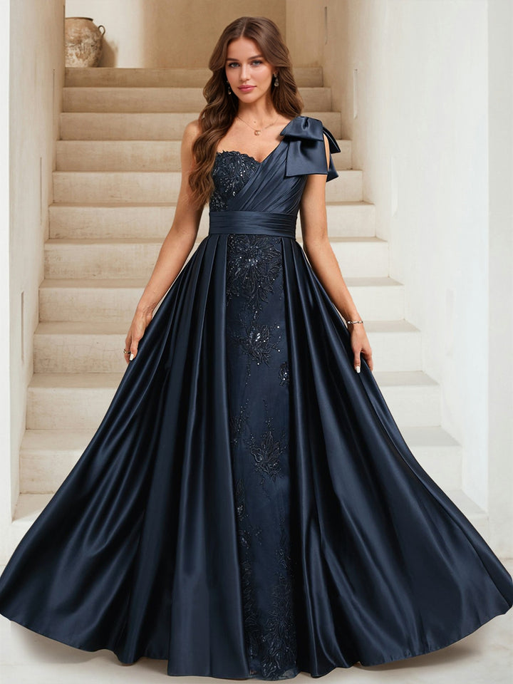 Sheath/Column One Shoulder Sleeveless Floor-Length Evening Dresses with Sequins &amp; Overskirt