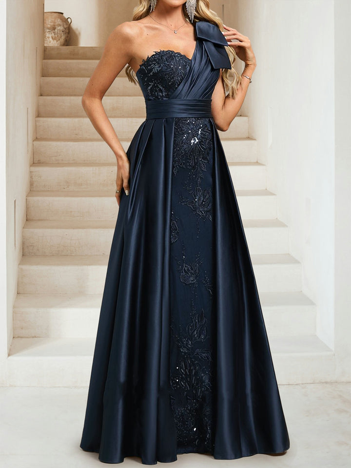 Sheath/Column One Shoulder Sleeveless Floor-Length Evening Dresses with Sequins &amp; Overskirt