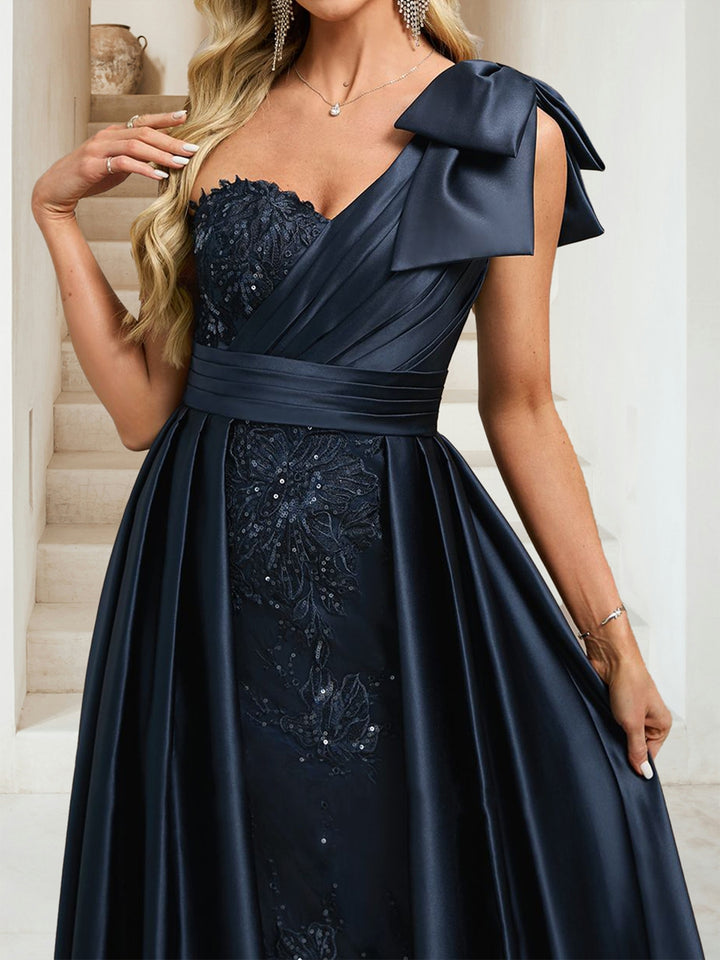 Sheath/Column One Shoulder Sleeveless Floor-Length Evening Dresses with Sequins &amp; Overskirt