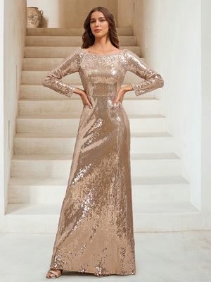 Sequin Sheath/Column Scoop Long Sleeves Floor-Length Evening Dresses with Beading