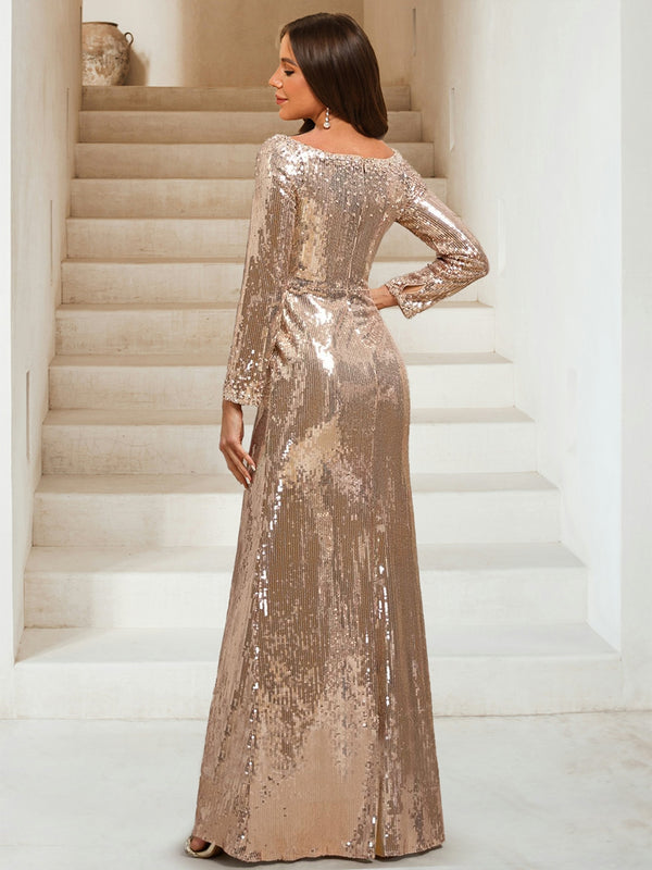 Sequin Sheath/Column Scoop Long Sleeves Floor-Length Evening Dresses with Beading