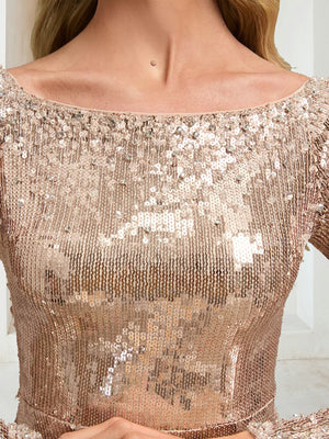 Sequin Sheath/Column Scoop Long Sleeves Floor-Length Evening Dresses with Beading