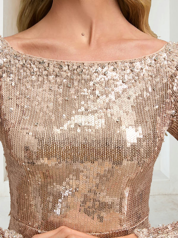 Sequin Sheath/Column Scoop Long Sleeves Floor-Length Evening Dresses with Beading