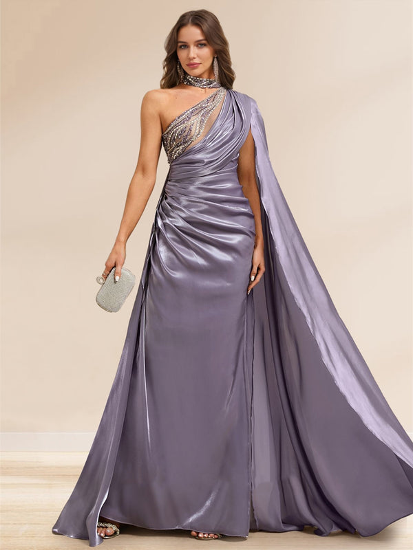 Sheath/Column Illusion One Shoulder Cape Sleeve Sweep train Evening Dresses with Beading & Overskirt