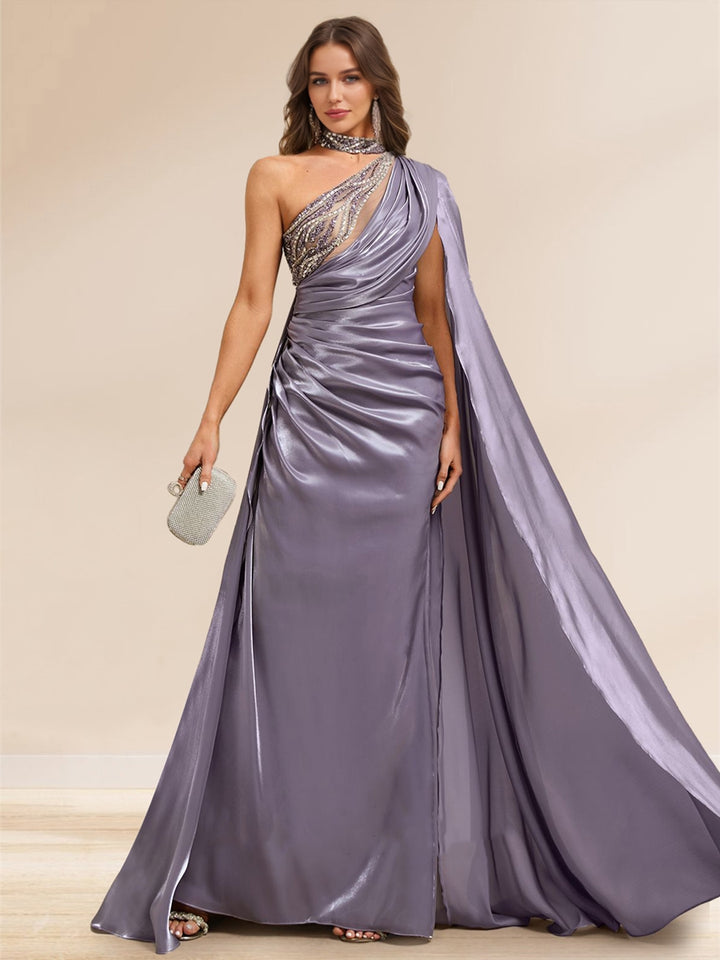 Sheath/Column Illusion One Shoulder Cape Sleeve Sweep train Evening Dresses with Beading &amp; Overskirt