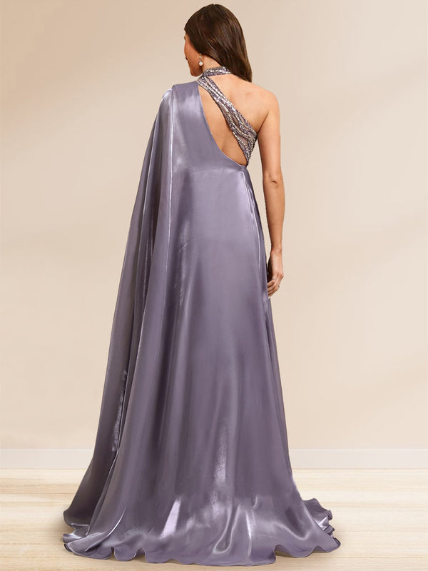 Sheath/Column Illusion One Shoulder Cape Sleeve Sweep train Evening Dresses with Beading & Overskirt