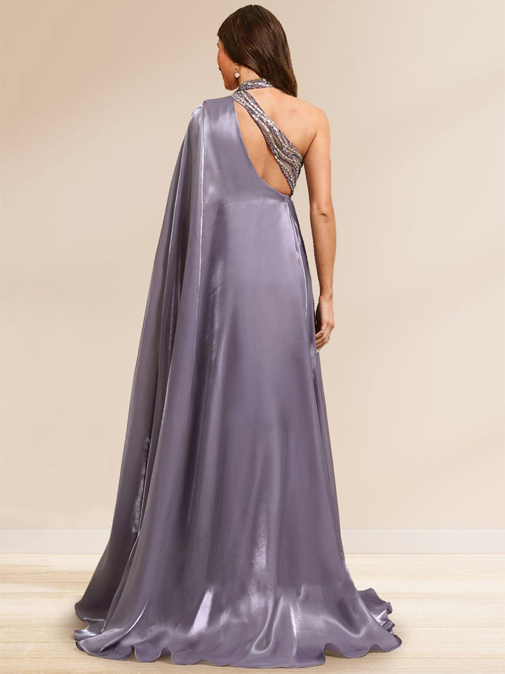 Sheath/Column Illusion One Shoulder Cape Sleeve Sweep train Evening Dresses with Beading &amp; Overskirt