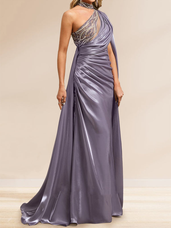 Sheath/Column Illusion One Shoulder Cape Sleeve Sweep train Evening Dresses with Beading & Overskirt
