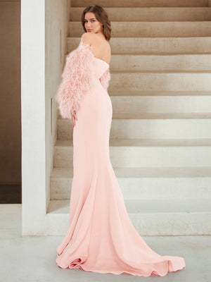 Satin Trumpet/Mermaid Strapless Long Sleeves with Feather Sweep train/brush train Evening Dresses