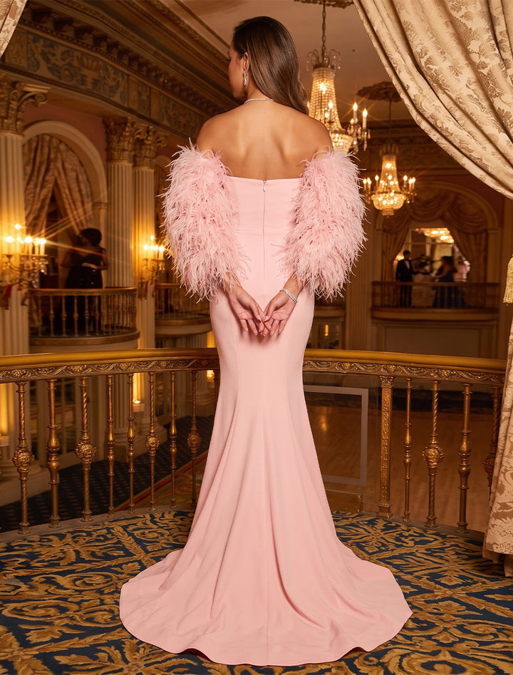 Trumpet/Mermaid Strapless Long Sleeves train/brush train Evening Dresses with Feather