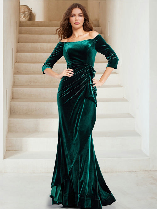 Velvet Trumpet/Mermaid Off-the-Shoulder 3/4 Sleeves Floor-Length Evening Dresses with Ruffles