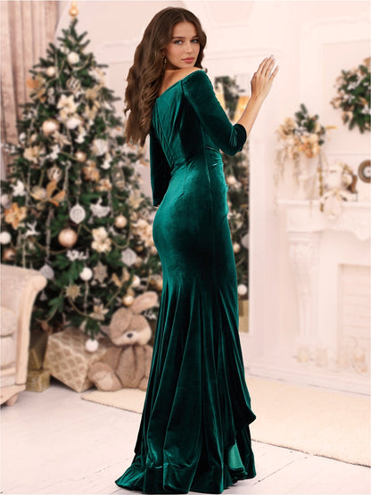 Velvet Trumpet/Mermaid Off-the-Shoulder 3/4 Sleeves Floor-Length Christmas Dresses with Ruffles