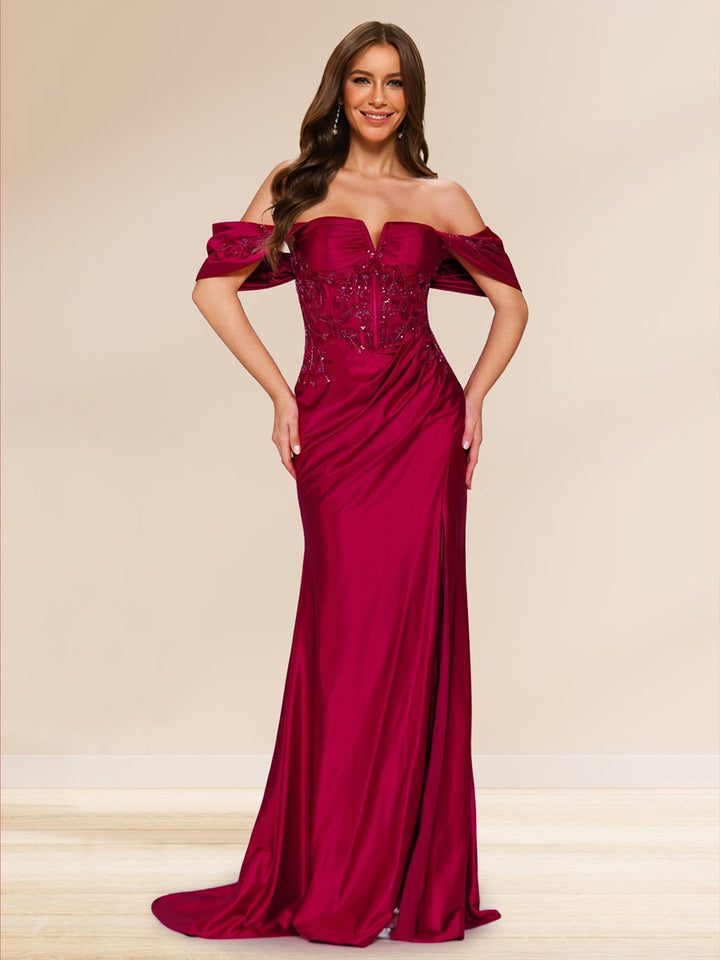 Sheath/Column Off-the-Shoulder Sweep Brush Train Evening Dresses with Split Side &amp; Appliques