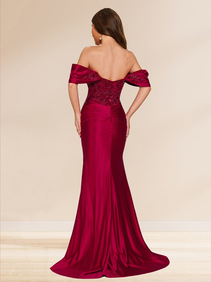 Sheath/Column Off-the-Shoulder Sweep Brush Train Evening Dresses with Split Side &amp; Appliques