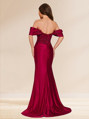 Sheath/Column Off-the-Shoulder Sweep Brush Train Evening Dresses with Split Side & Appliques