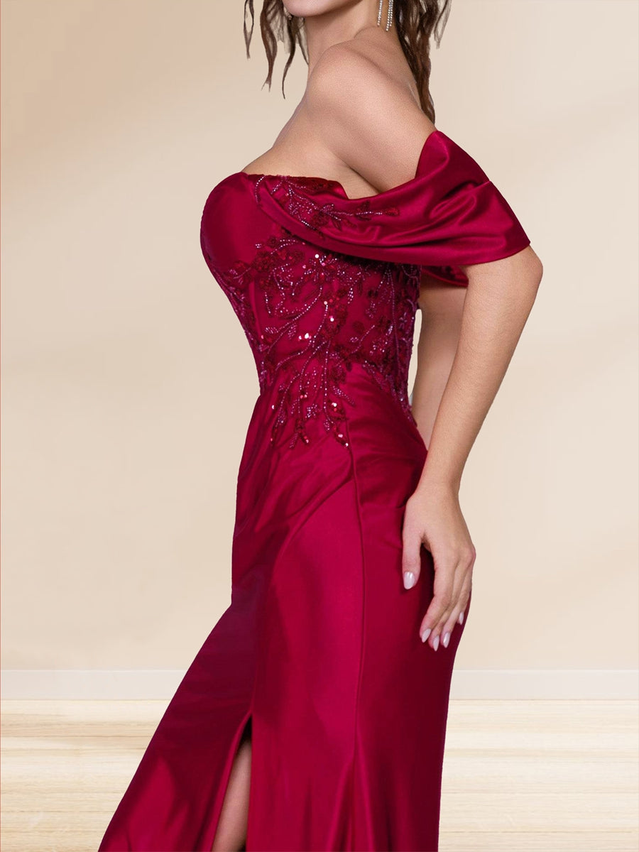 Sheath/Column Off-the-Shoulder Sweep Brush Train Evening Dresses with Split Side &amp; Appliques