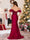 Sheath/Column Off-the-Shoulder Sweep Brush Train Christmas Dresses with Split Side & Appliques