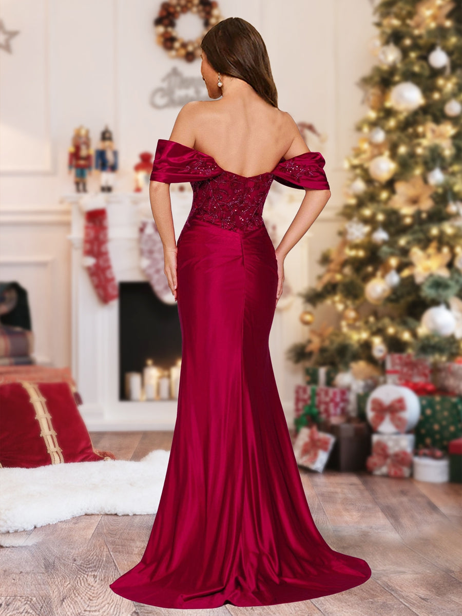Sheath/Column Off-the-Shoulder Sweep Brush Train Christmas Dresses with Split Side & Appliques