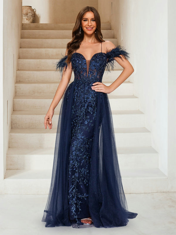 Sheath/Column Off-the-Shoulder Spaghetti Straps Maxi Tulle Evening Dresses with Feathers & Appliques