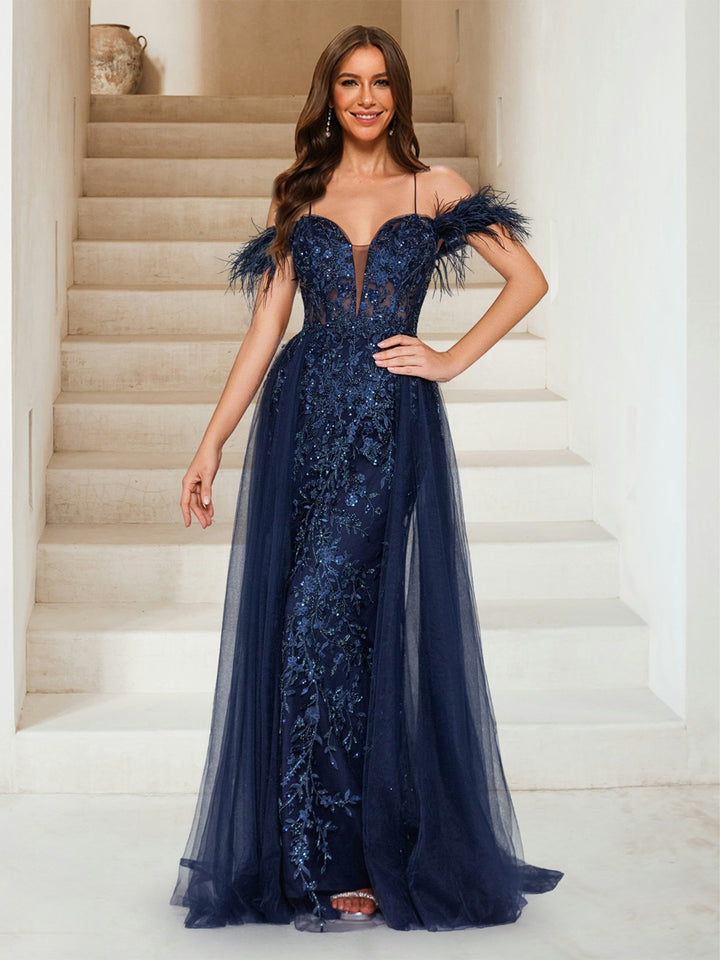 Sheath/Column Off-the-Shoulder Spaghetti Straps Maxi Tulle Evening Dresses with Feathers &amp; Appliques