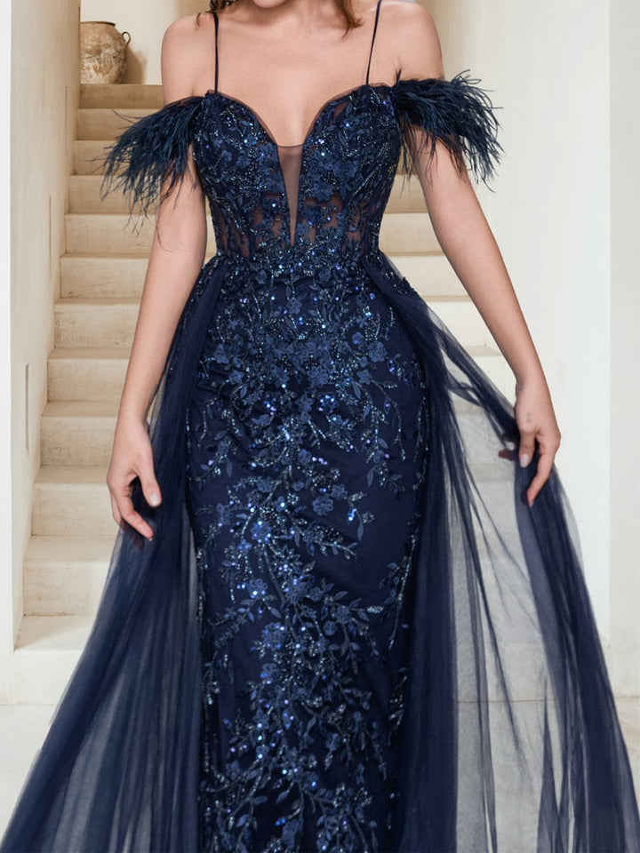 Sheath/Column Off-the-Shoulder Spaghetti Straps Maxi Tulle Evening Dresses with Feathers &amp; Appliques