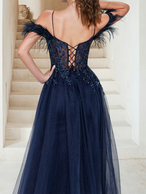 Sheath/Column Off-the-Shoulder Spaghetti Straps Maxi Tulle Evening Dresses with Feathers & Appliques