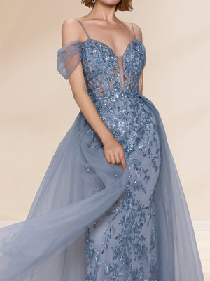 Sheath/Column Off-the-Shoulder Spaghetti Straps Maxi Tulle Evening Dresses with Sequin Appliques