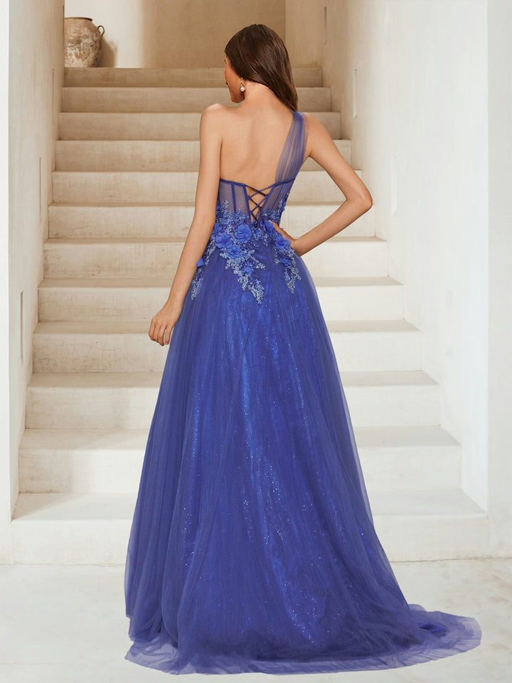 Maxi Tulle A-Line One-Shoulder Evening Dresses with Sequin Appliques &amp; 3D Flower