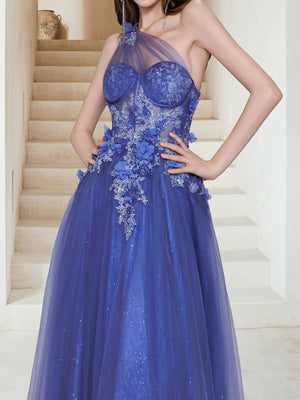 Maxi Tulle A-Line One-Shoulder Evening Dresses with Sequin Appliques & 3D Flower