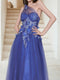Maxi Tulle A-Line One-Shoulder Evening Dresses with Sequin Appliques & 3D Flower