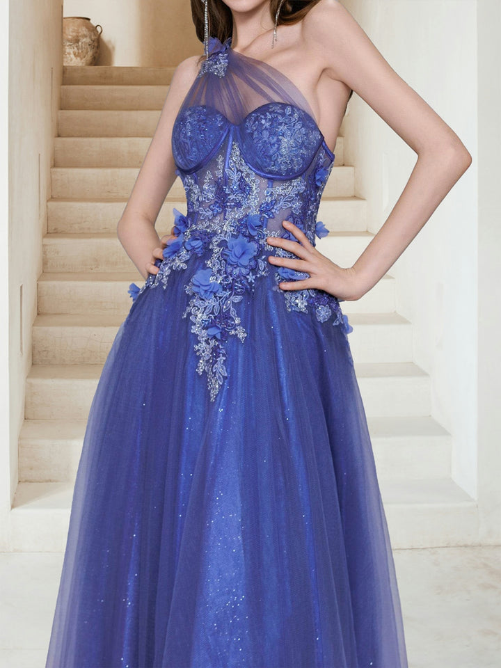 Maxi Tulle A-Line One-Shoulder Evening Dresses with Sequin Appliques &amp; 3D Flower