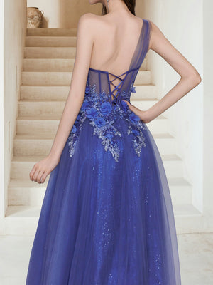 Maxi Tulle A-Line One-Shoulder Evening Dresses with Sequin Appliques & 3D Flower