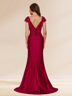 Sheath/Column V-Neck Sweep Brush Train Ruched Evening Dresses with Sequin Appliques