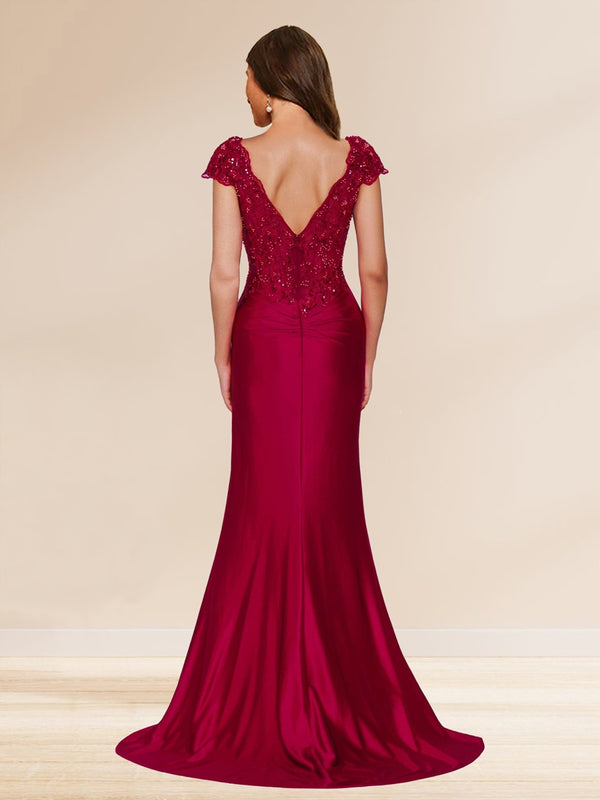 Sheath/Column V-Neck Sweep Brush Train Ruched Evening Dresses with Sequin Appliques