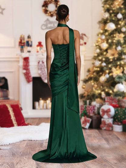 Sheath/Column Strapless Sleeveless Sweep train Ruched Christmas Dresses With Shawl