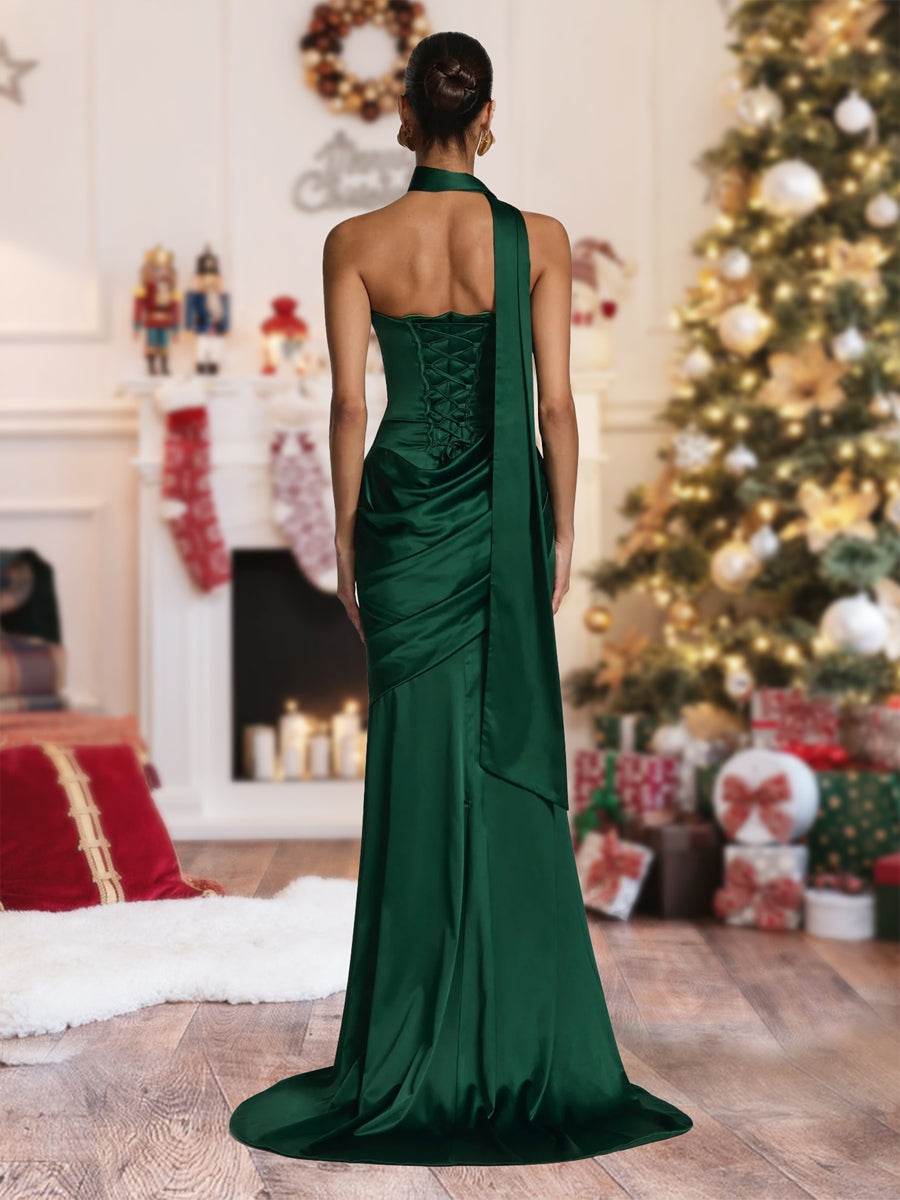 Sheath/Column Strapless Sleeveless Sweep train Ruched Christmas Dresses With Shawl