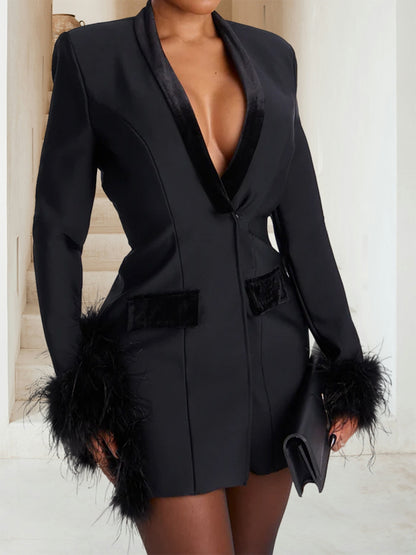 Sheath/Column V-Neck Long Sleeves Blazer Mini Cocktail Dresses with Feather