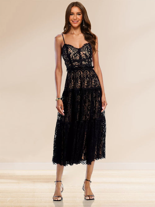 A-Line/Princess Spaghetti Straps Lace Tea-Length Cocktail Dresses