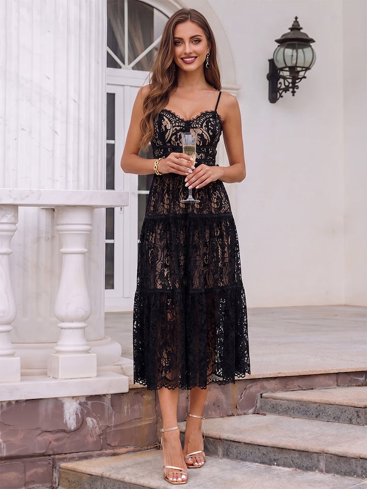 A-Line/Princess Spaghetti Straps Lace Tea-Length Cocktail Dresses